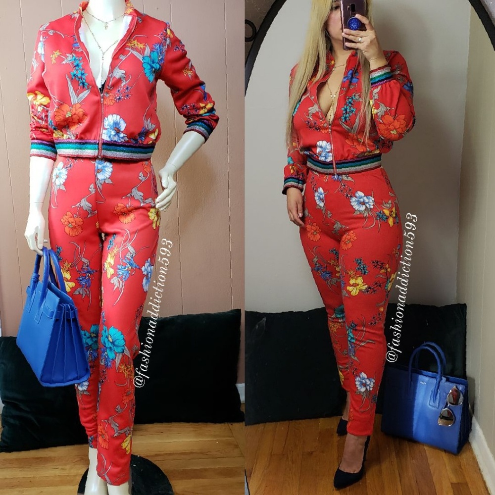 Red Floral two pieces tracksuit jacket pant set